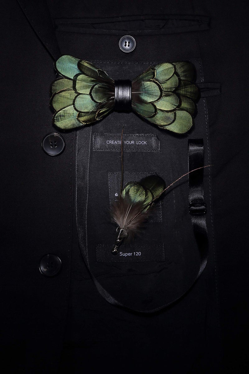RBOCOTT Green Feather Pre-tied Bow tie Leather Bowtie and Brooch Sets for Men(6) - Image 5